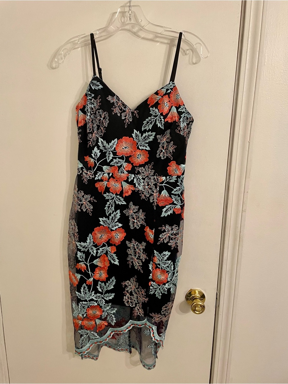 Guess Black Slip Dress with Orange Floral Embroidery